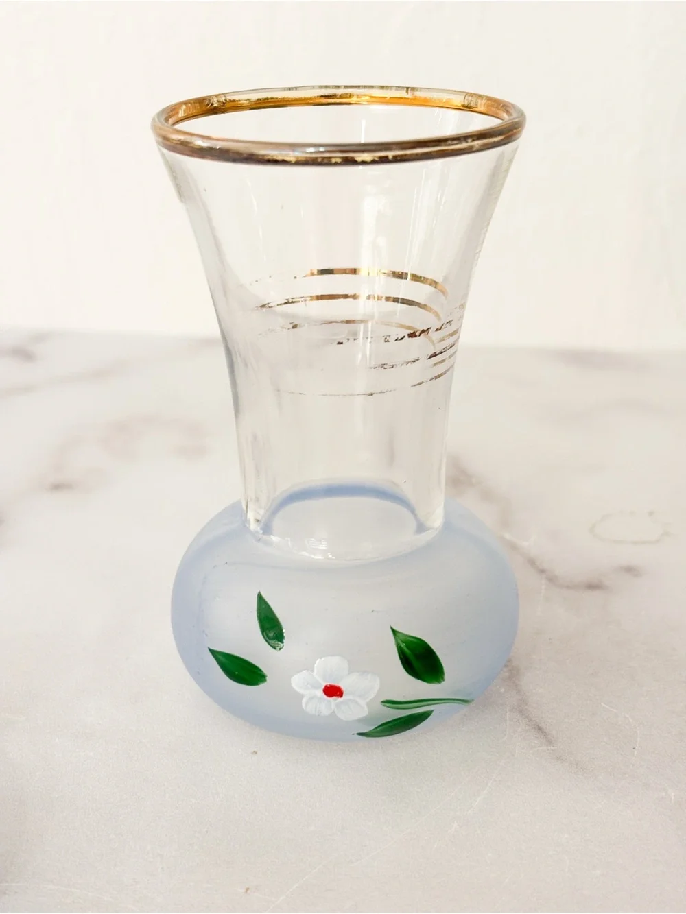 Hand-Painted Floral Glass Bud Vases with Gold Rim - Light Blue